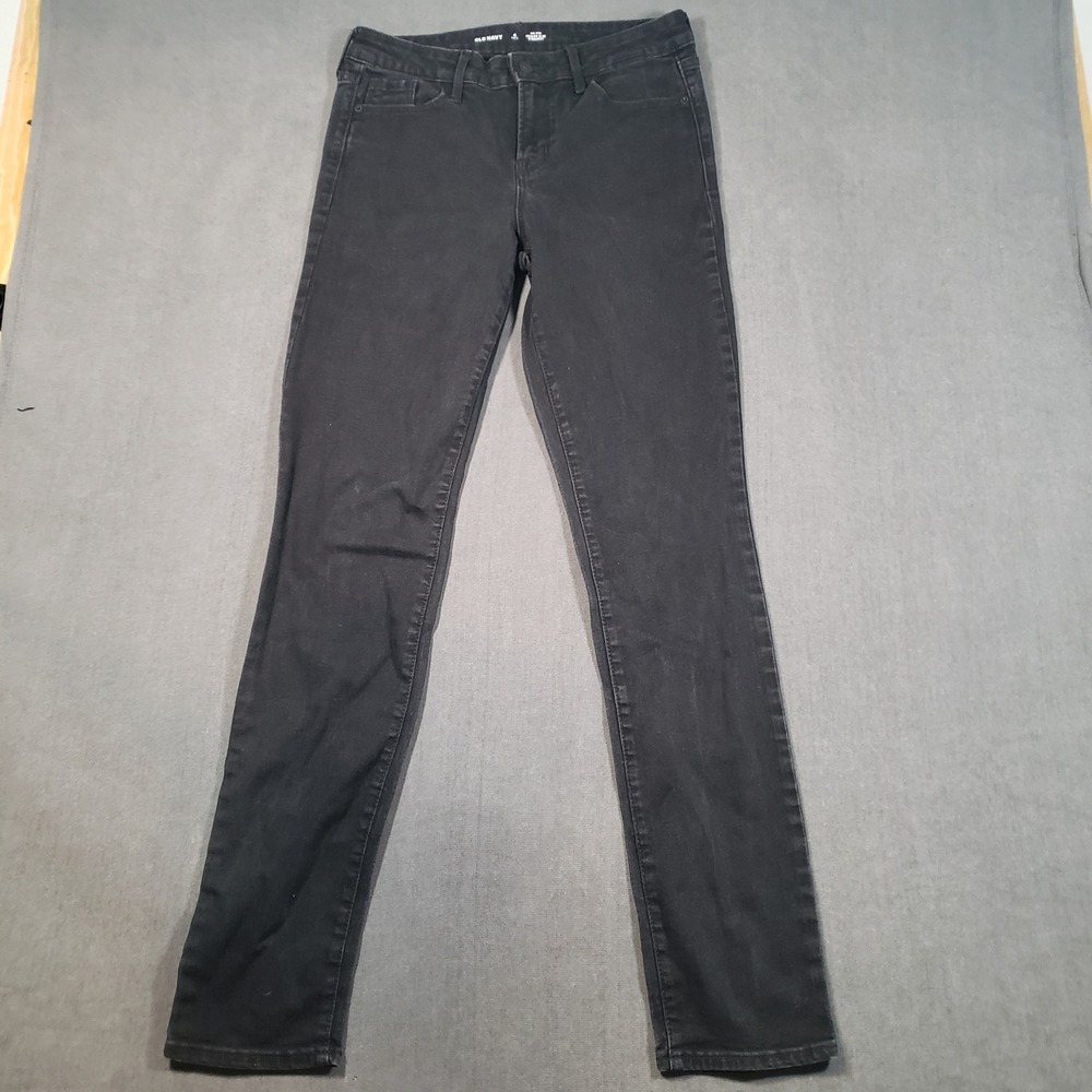 Old Navy Power Slim Straight Jeans Womens 4 Tall Black Mid-Rise Stretch Denim